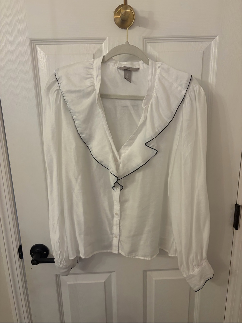 H&M White Blouse with Black Trim Ruffle Collar